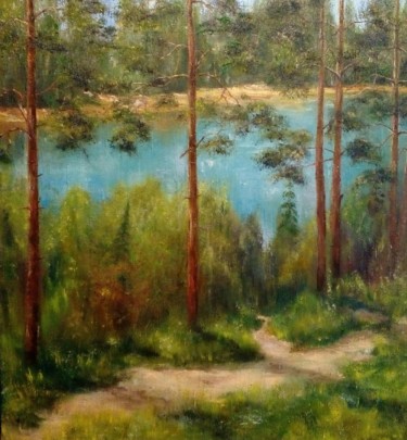 Картина под названием "Сосны у реки" - Irina Trav, Подлинное произведение искусства, Масло