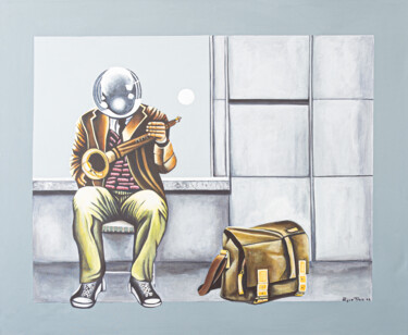 Painting titled "Street Musician" by Enrique Trava, Original Artwork, Acrylic Mounted on Wood Stretcher frame