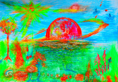 Pintura intitulada "Saturn Fire" por Trayan Galactic, Obras de arte originais, Aquarela