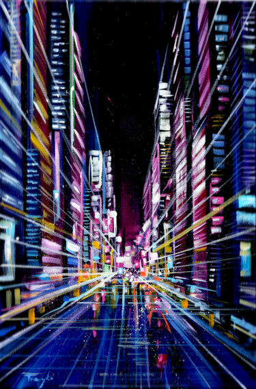 Ζωγραφική με τίτλο "Night Street | City…" από Trayko Popov, Αυθεντικά έργα τέχνης, Ακρυλικό