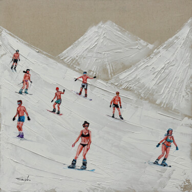 Pintura titulada "Skiing in bikini |…" por Trayko Popov, Obra de arte original, Acrílico Montado en Bastidor de camilla de m…