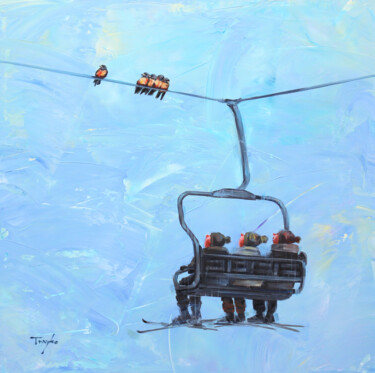 Painting titled "Ski Vacation. Skiin…" by Trayko Popov, Original Artwork, Acrylic Mounted on Wood Stretcher frame