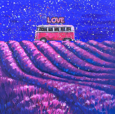 Painting titled "VW Camper Van in La…" by Trayko Popov, Original Artwork, Acrylic Mounted on Wood Stretcher frame