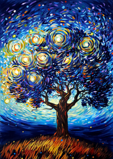 Painting titled "Stars Tree" by Trayko Popov, Original Artwork, Acrylic Mounted on Wood Stretcher frame