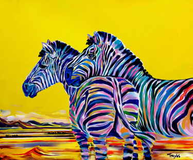 Painting titled "Wildlife | Zebras |…" by Trayko Popov, Original Artwork, Acrylic Mounted on Wood Stretcher frame