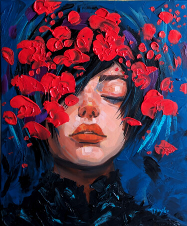 Schilderij getiteld "Red Petals" door Trayko Popov, Origineel Kunstwerk, Acryl Gemonteerd op Frame voor houten brancard