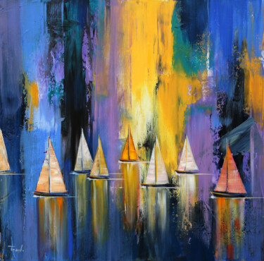 Sunset in the ocean | Boats Painting titled "Sunset in the ocean…" by Trayko Popov, Original Art, Acrylic Mounted on Stretcher frame