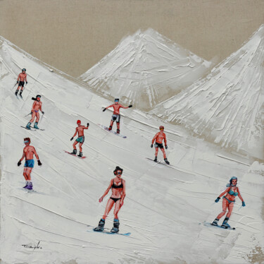 Skiing in bikini | Snowboard | Ski slope Painting titled "Skiing in bikini |…" by Trayko Popov, Original Art, Acrylic