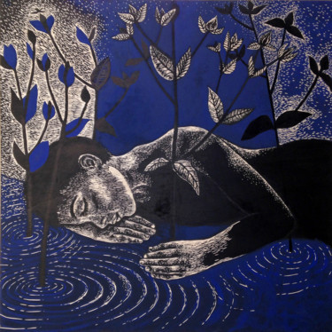 Gravures & estampes intitulée "l'endormi" par Mélissa Tresse, Œuvre d'art originale, Gravure