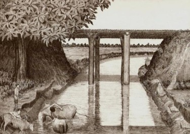 Drawing titled "Cow Bath. (Garu Bih…" by Tridib Dutta, Original Artwork