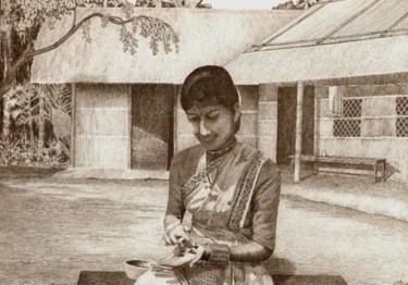 Drawing titled "Girl applying Jetuk…" by Tridib Dutta, Original Artwork