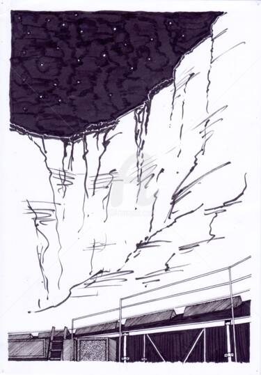 Drawing titled "Théâtre de l'abri 7" by Tristan Ligen, Original Artwork, Ink