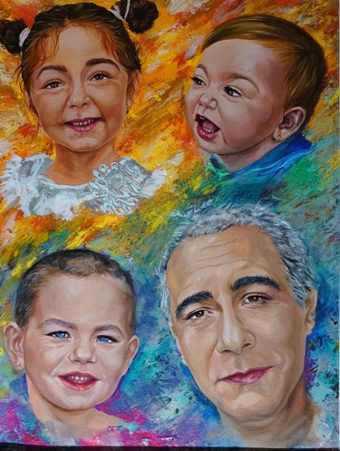 Grandpa and 3 grandchildren Painting titled "Grandpa and 3 grand…" by Katerina Evgenieva, Original Artwork, Oil