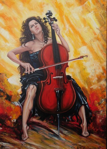Painting titled "Woman playing a celo" by Katerina Evgenieva, Original Artwork, Oil