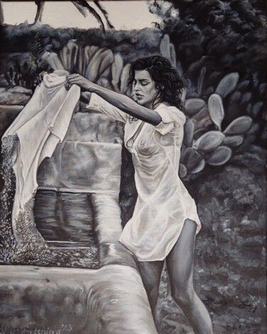 Painting titled "Woman washing cloth" by Katerina Evgenieva, Original Artwork, Oil