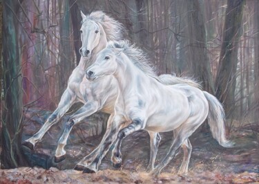 Schilderij getiteld "The wild horses in…" door Katerina Evgenieva, Origineel Kunstwerk, Olie