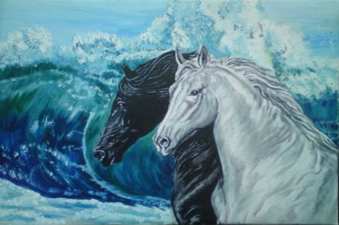 Malerei mit dem Titel "Horses and waves" von Katerina Evgenieva, Original-Kunstwerk