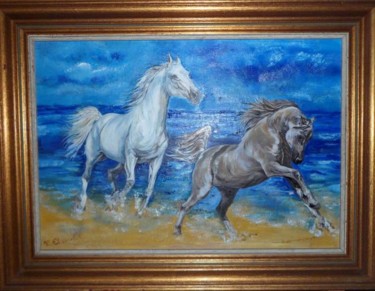 Peinture intitulée "Horses on the beach" par Katerina Evgenieva, Œuvre d'art originale