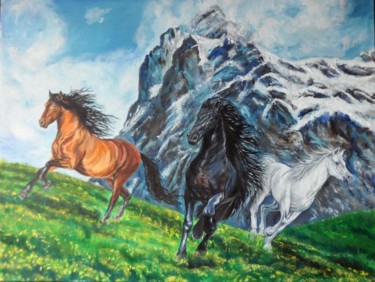 Peinture intitulée "Horses in the mount…" par Katerina Evgenieva, Œuvre d'art originale