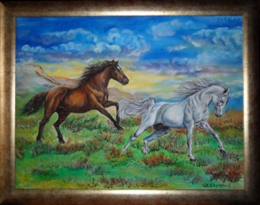 Painting titled "horses in field" by Katerina Evgenieva, Original Artwork