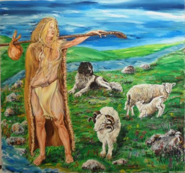Peinture intitulée "woman shepherd" par Katerina Evgenieva, Œuvre d'art originale