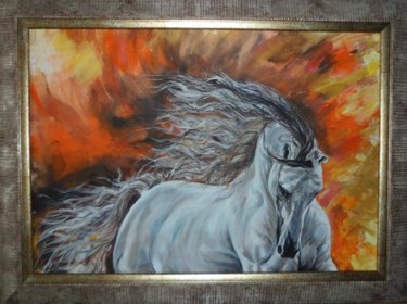 Painting titled "White Z horse" by Katerina Evgenieva, Original Artwork, Oil