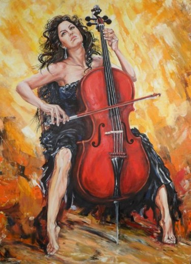 Painting titled "A woman playing a c…" by Katerina Evgenieva, Original Artwork, Oil