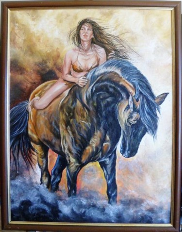 Painting titled "Horse with rider" by Katerina Evgenieva, Original Artwork