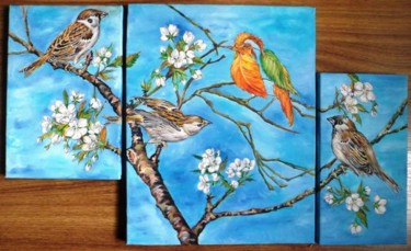 Painting titled "Sparrows in spring" by Katerina Evgenieva, Original Artwork, Oil