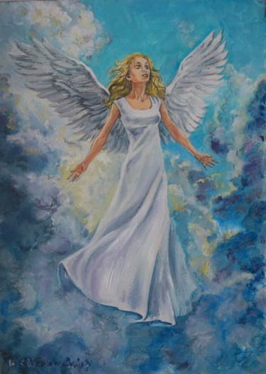 Malerei mit dem Titel "Angel in to the sky" von Katerina Evgenieva, Original-Kunstwerk