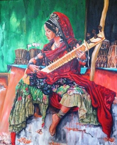 Painting titled "Indian musician gir…" by Katerina Evgenieva, Original Artwork, Oil