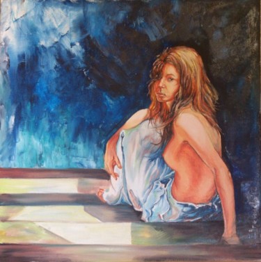 Painting titled "Girl on the stairs" by Katerina Evgenieva, Original Artwork, Oil