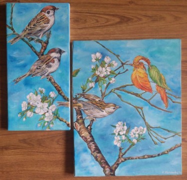 Painting titled "Sparrows (second em…" by Katerina Evgenieva, Original Artwork, Oil