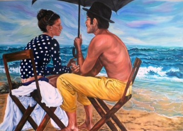 Painting titled "couple on the beach" by Katerina Evgenieva, Original Artwork, Oil