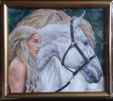 Pintura intitulada "White horse with gi…" por Katerina Evgenieva, Obras de arte originais