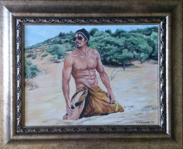 Painting titled "Man on the beach" by Katerina Evgenieva, Original Artwork, Oil