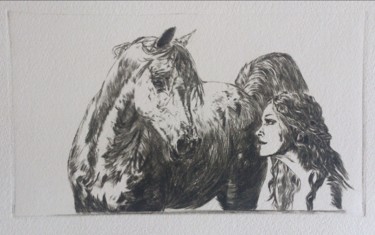 Gravures & estampes intitulée "White horse and girl" par Katerina Evgenieva, Œuvre d'art originale, Gravure