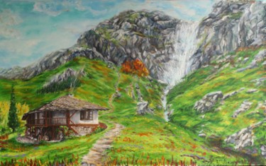 Painting titled "House in to mountain" by Katerina Evgenieva, Original Artwork, Oil