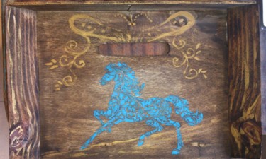 Painting titled "Blue Horse  on wood1" by Katerina Evgenieva, Original Artwork, Oil