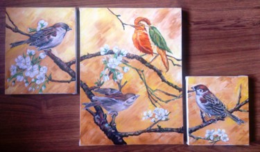 Painting titled "Tree Sparrows 2" by Katerina Evgenieva, Original Artwork, Other