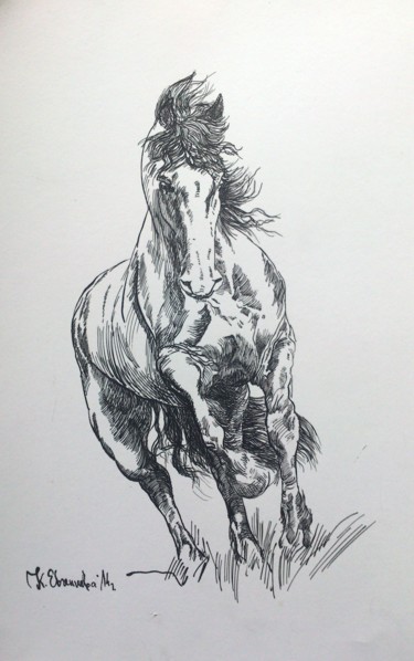 Dessin intitulée "Horse 1 sketch" par Katerina Evgenieva, Œuvre d'art originale, Encre