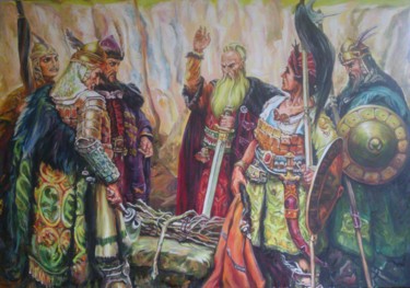 Painting titled "Han Kubrat and sons…" by Katerina Evgenieva, Original Artwork, Oil