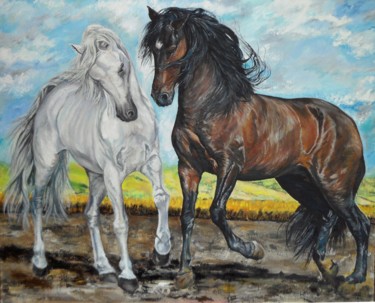 Peinture intitulée "Couple horses to th…" par Katerina Evgenieva, Œuvre d'art originale, Huile