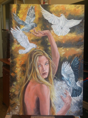 Painting titled "Girl from heaven" by Katerina Evgenieva, Original Artwork, Oil