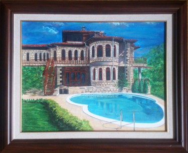 Painting titled "Villa in Summer" by Katerina Evgenieva, Original Artwork, Oil