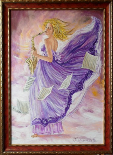 Painting titled "Woman-with-saxophone" by Katerina Evgenieva, Original Artwork, Oil