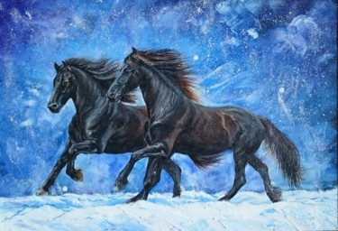 Painting titled "Horses running in t…" by Katerina Evgenieva, Original Artwork, Oil