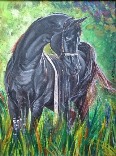 Painting titled "Horse in the bushes" by Katerina Evgenieva, Original Artwork, Oil