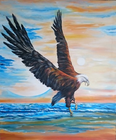Schilderij getiteld "Bald Eagle in sunri…" door Katerina Evgenieva, Origineel Kunstwerk, Olie