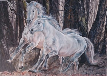 Painting titled "Wild horses in to t…" by Katerina Evgenieva, Original Artwork, Oil